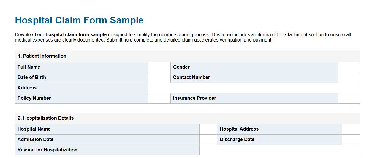 hospital claim form sample with itemized bill attachment image preview