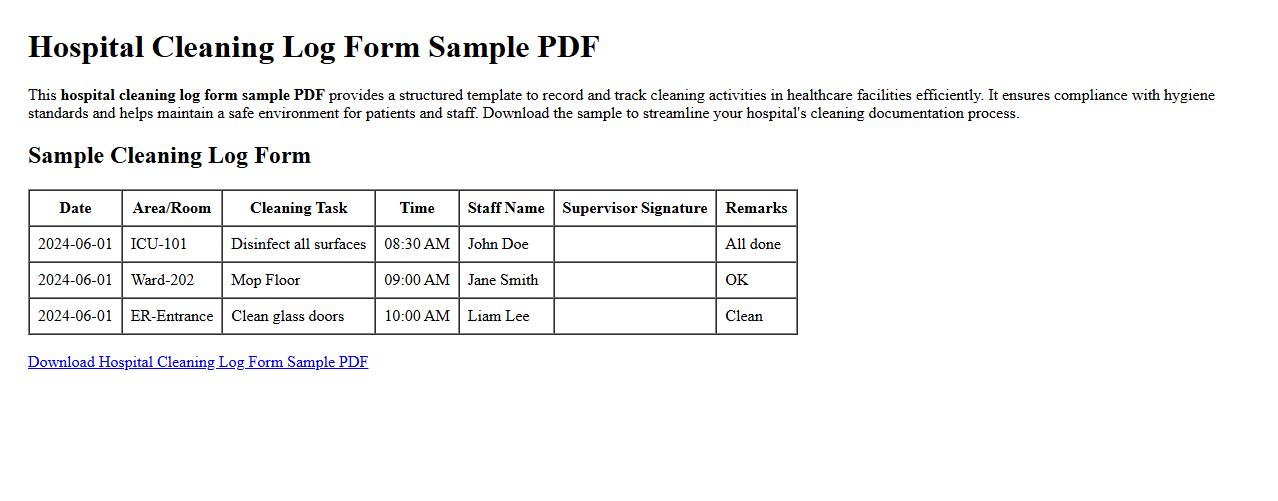Hospital cleaning log form sample PDF image preview