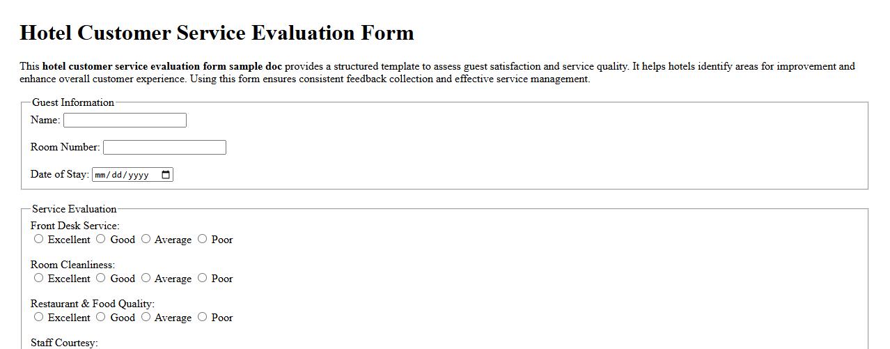 hotel customer service evaluation form sample doc image preview