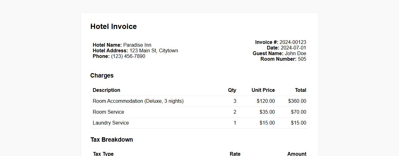 Hotel invoice form sample with tax breakdown image preview