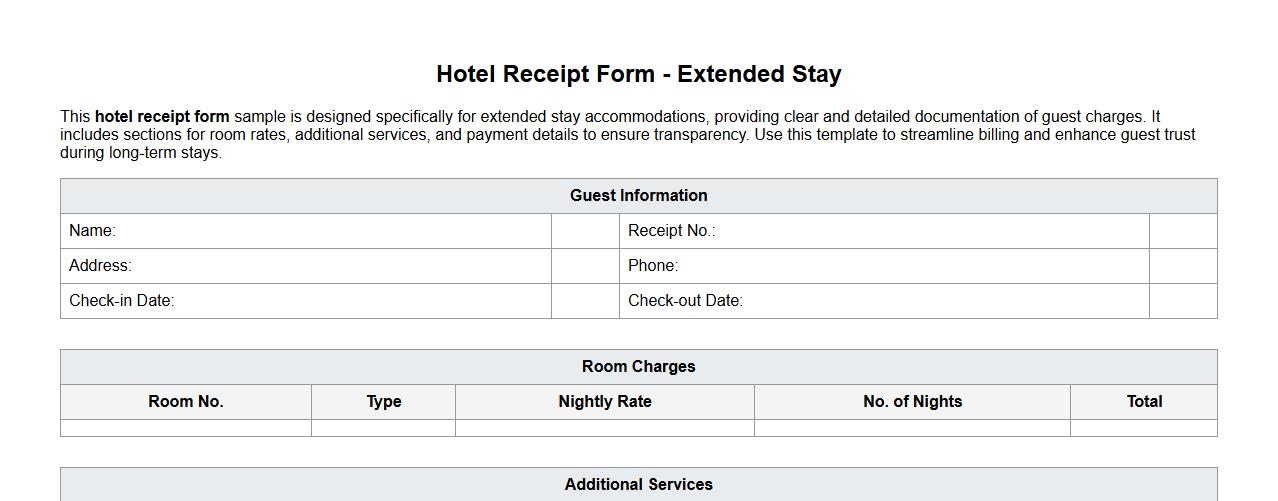 Hotel receipt form sample for extended stay accommodations image preview