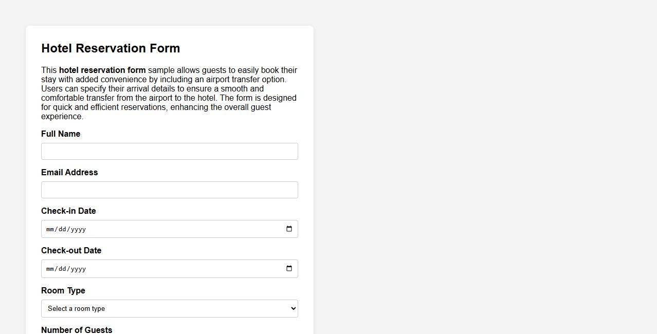 Hotel reservation form sample including airport transfer option image preview