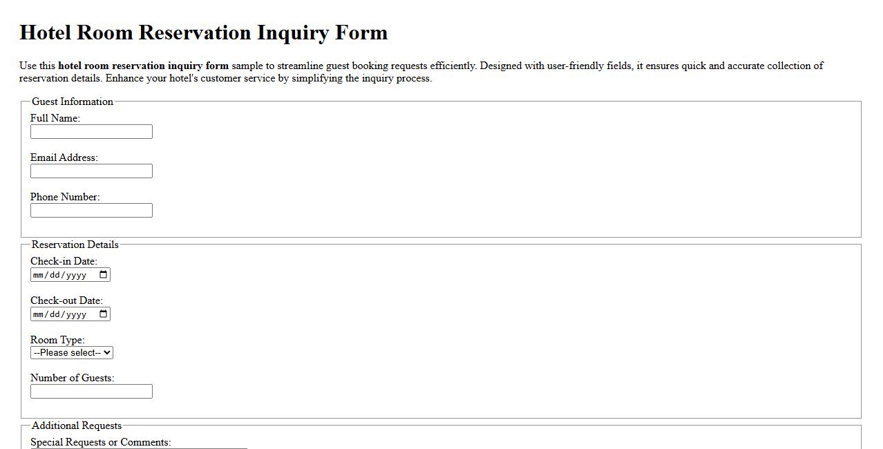 Hotel room reservation inquiry form sample image preview
