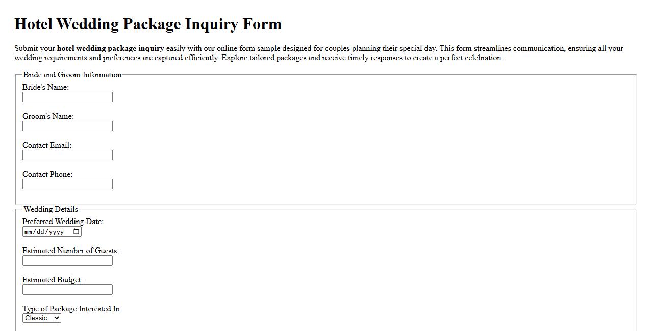 Hotel wedding package inquiry form sample online image preview