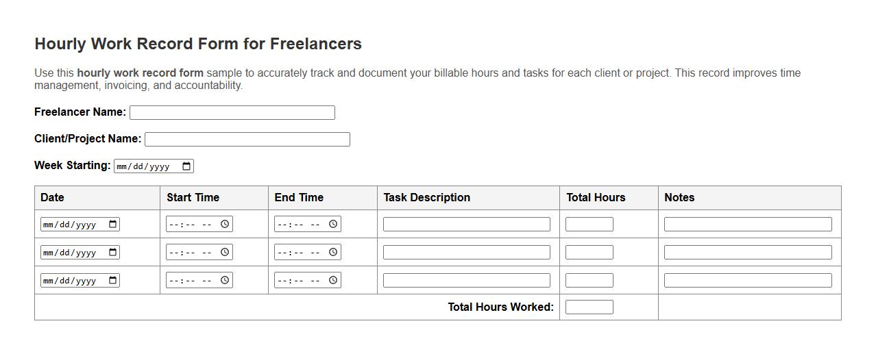 hourly work record form sample for freelancers image preview