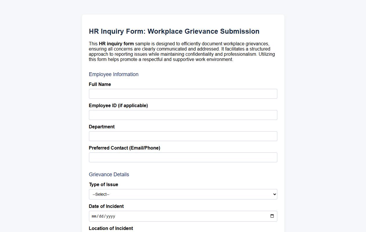 HR inquiry form sample about workplace grievances image preview