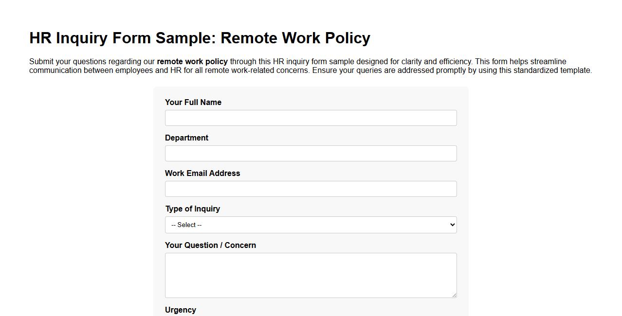 HR inquiry form sample for remote work policy inquiries image preview