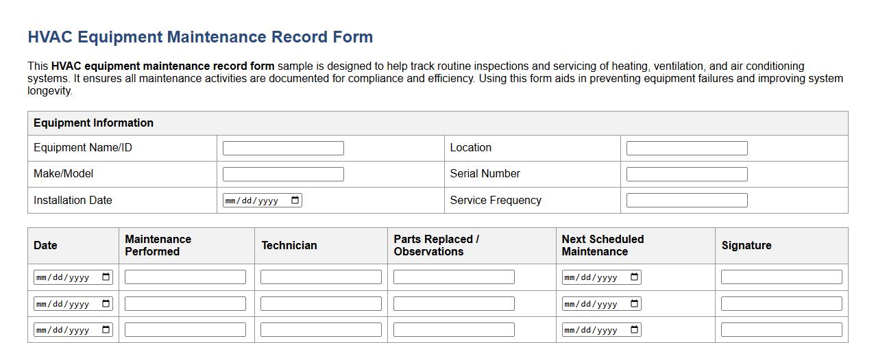 HVAC equipment maintenance record form sample image preview