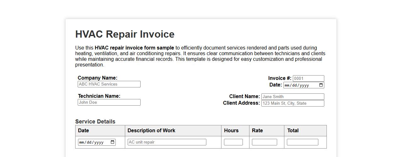HVAC repair invoice form sample image preview