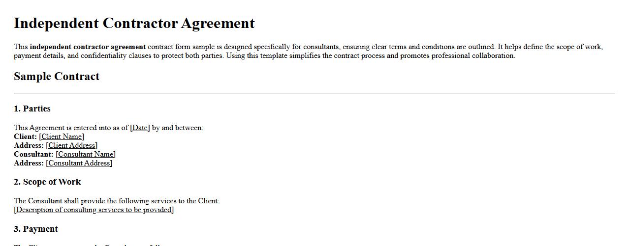 independent contractor agreement contract form sample for consultants image preview
