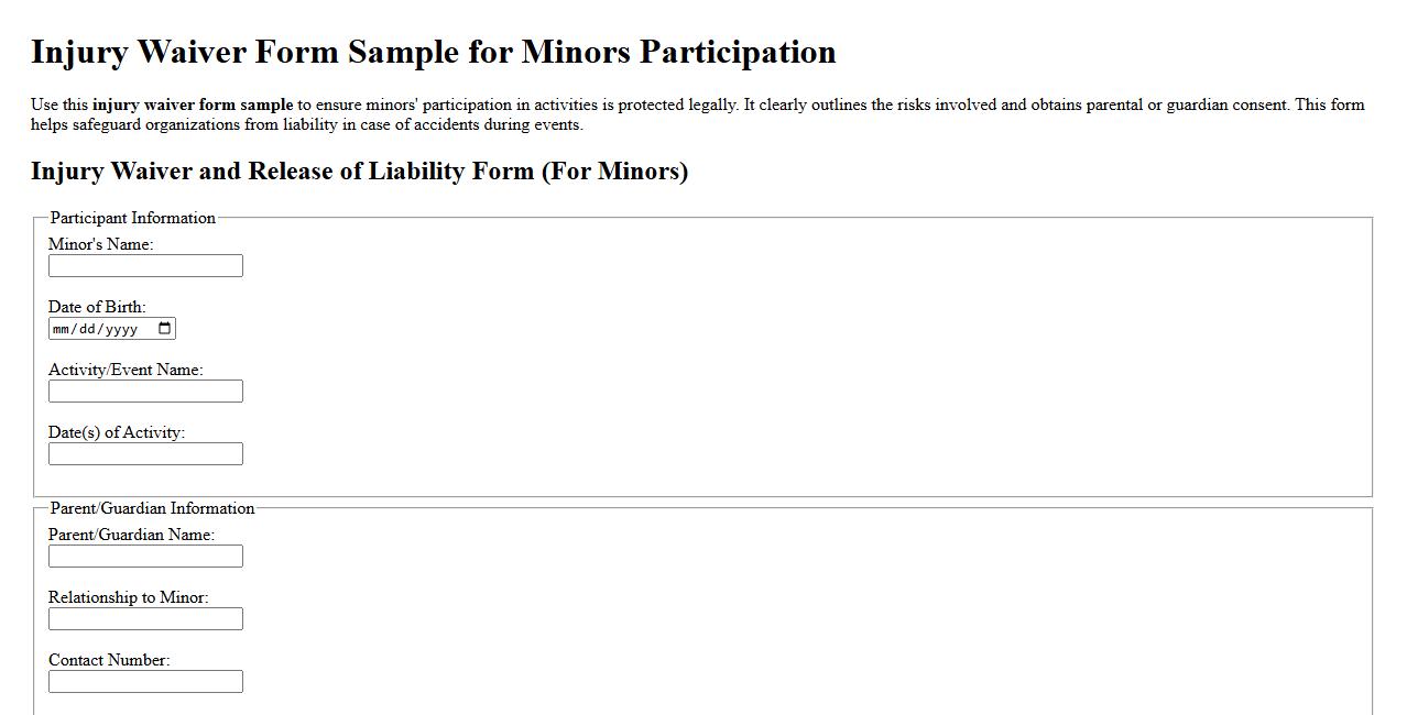 Injury waiver form sample for minors participation image preview