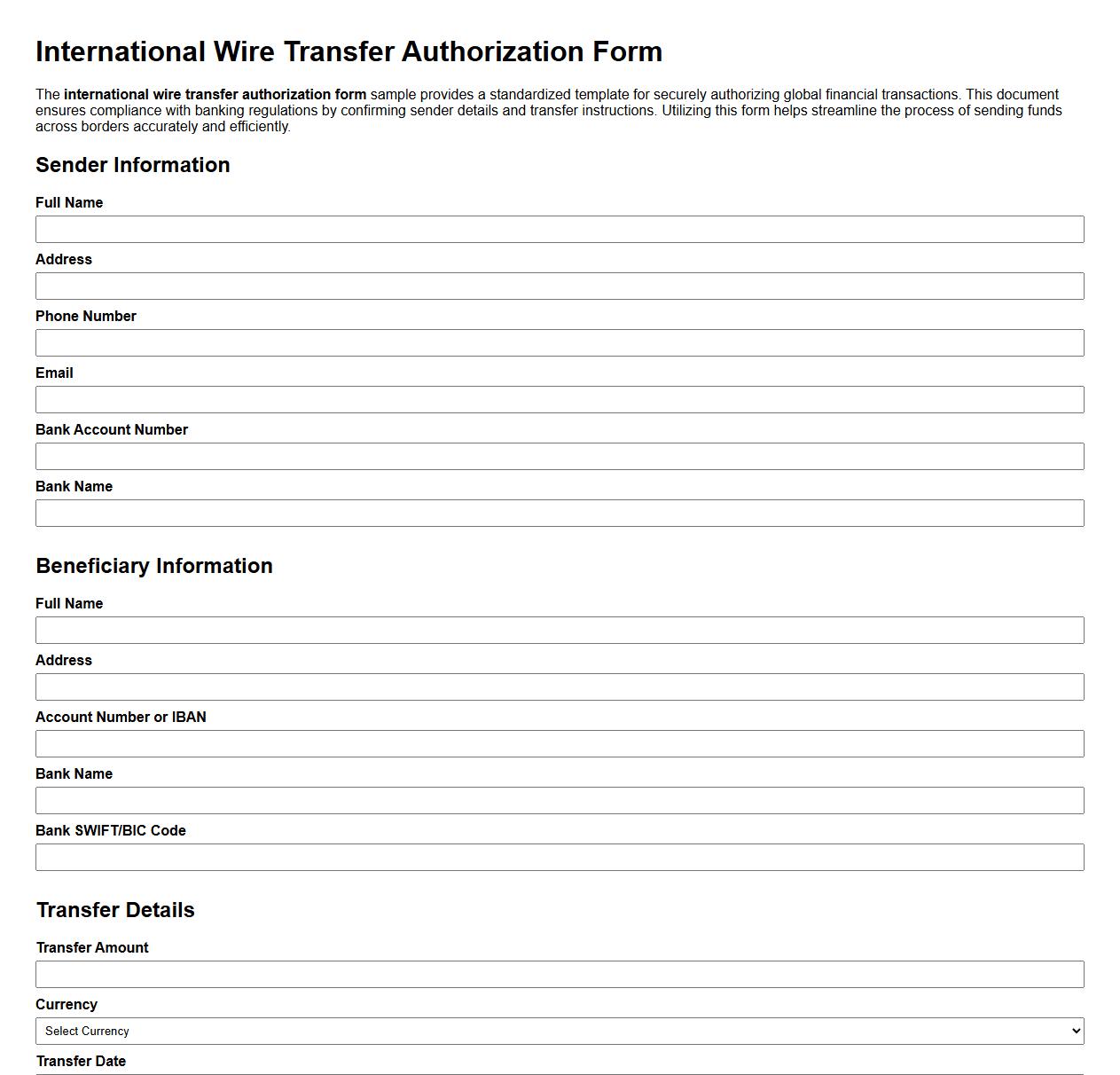 international wire transfer authorization form sample image preview