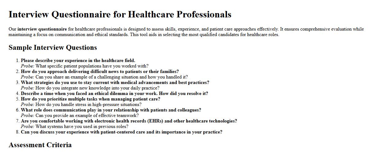 Interview questionnaire for healthcare professionals image preview
