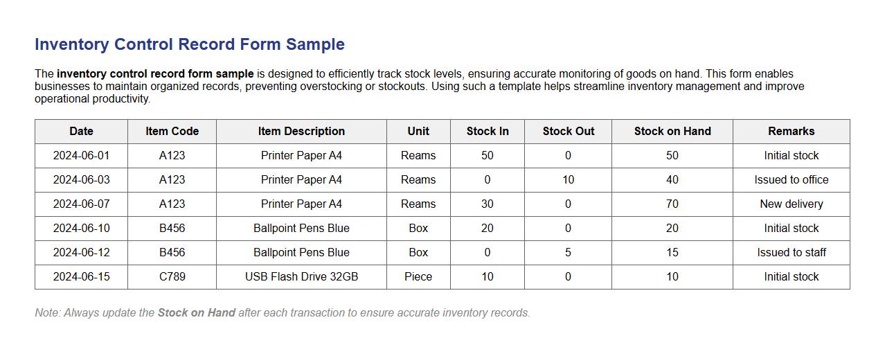 inventory control record form sample with stock levels image preview