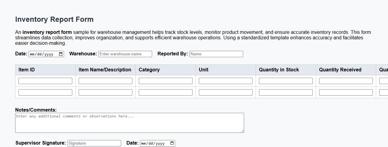 inventory report form sample for warehouse management image preview
