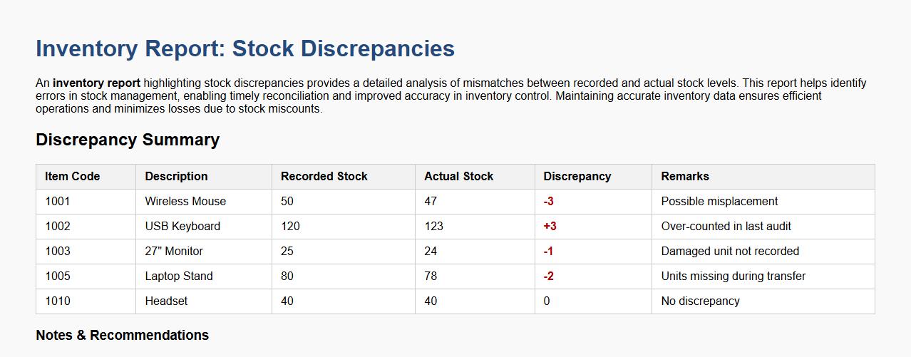 inventory report showing stock discrepancies image preview