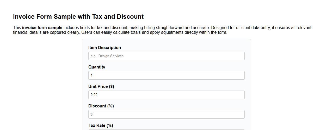 Invoice form sample with tax and discount fields image preview