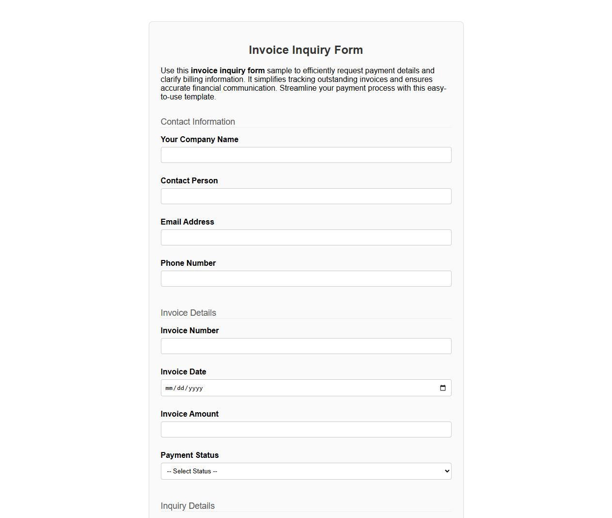 invoice inquiry form sample with payment details image preview
