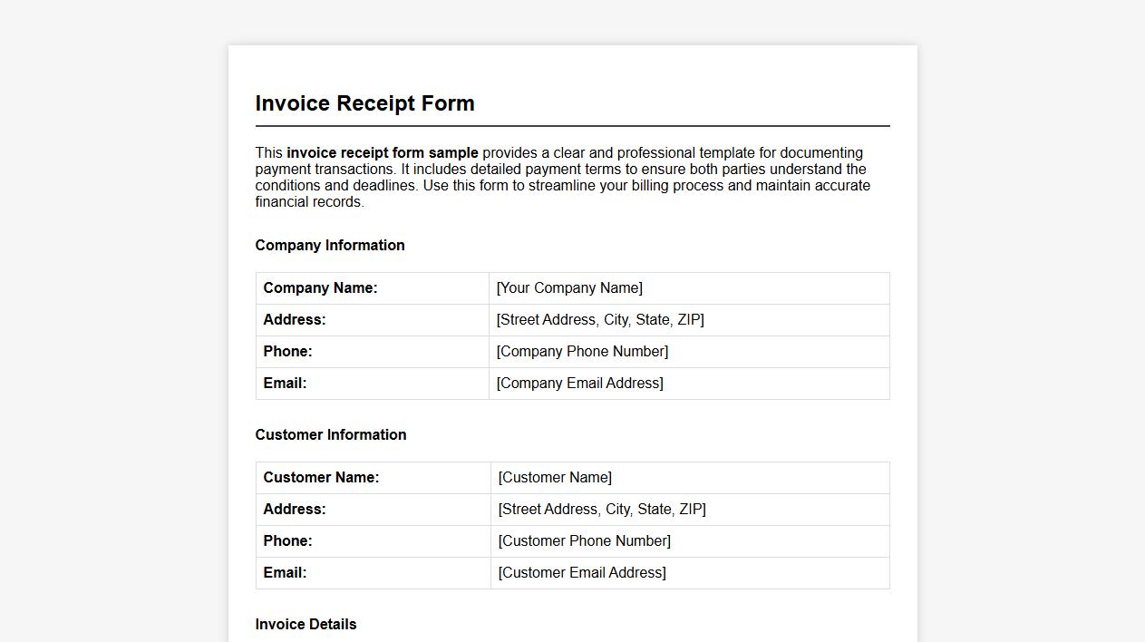 Invoice receipt form sample including payment terms image preview