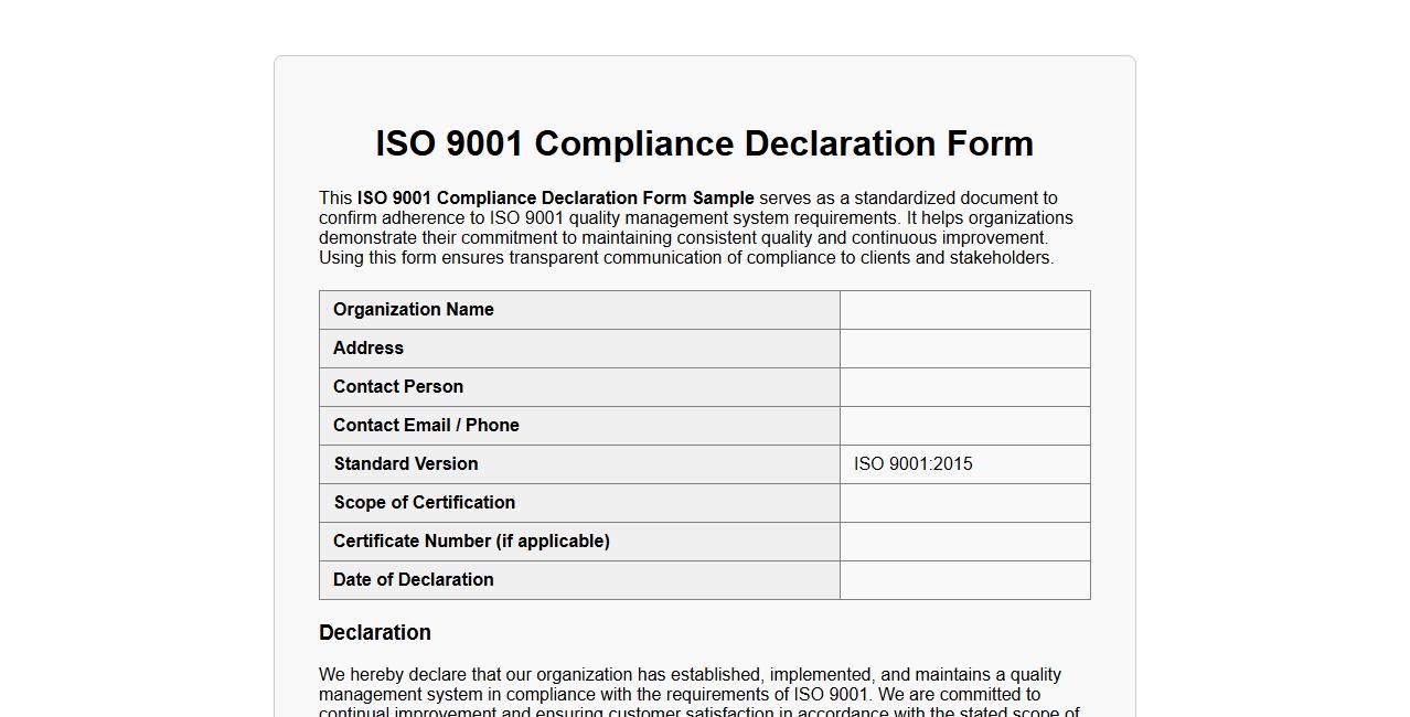 ISO 9001 Compliance Declaration Form Sample image preview