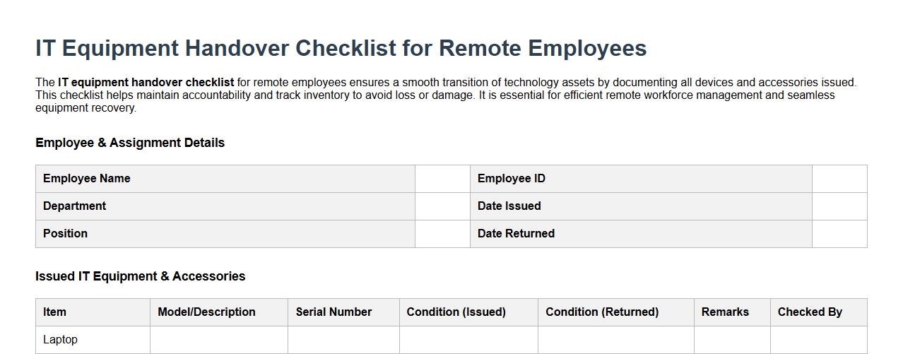 IT equipment handover checklist for remote employees image preview