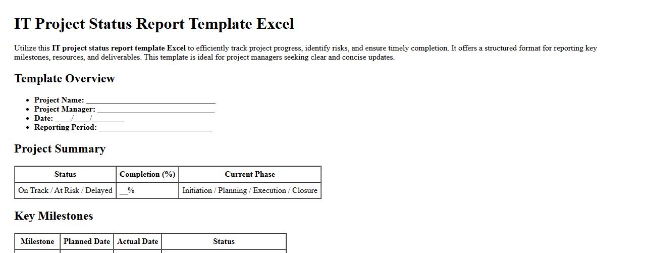 IT project status report template excel image preview