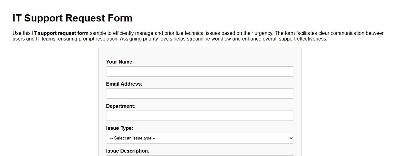 IT support request form sample with priority levels image preview