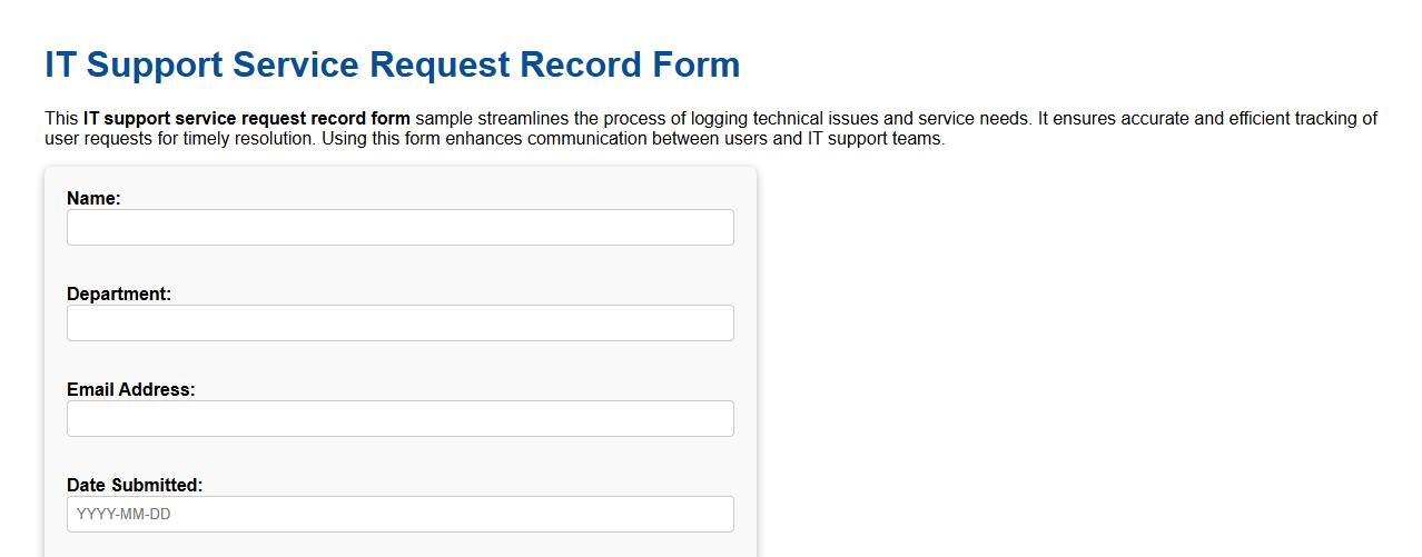 IT support service request record form sample image preview