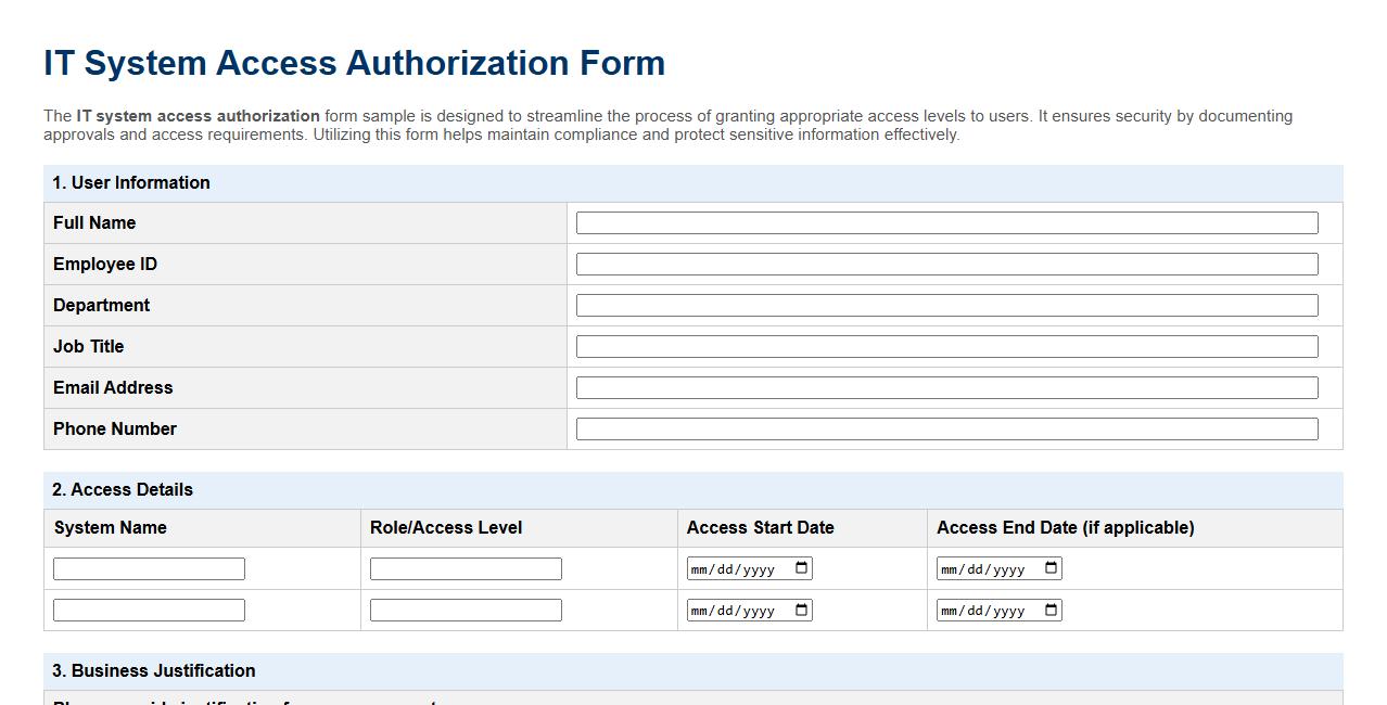 IT system access authorization form sample image preview