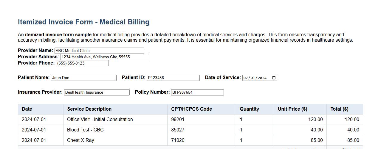 itemized invoice form sample for medical billing image preview