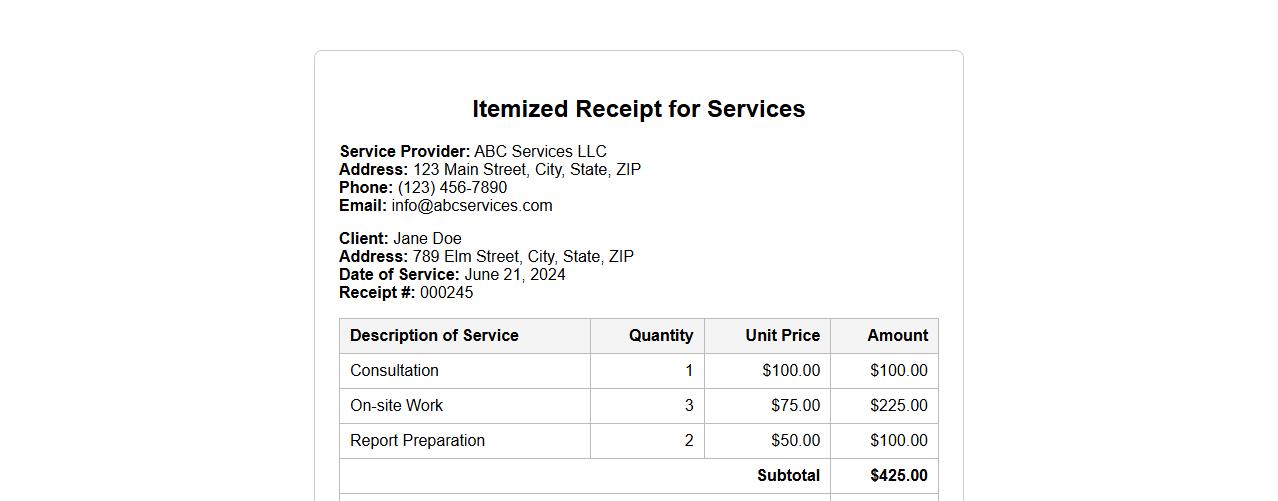Itemized receipt form sample for services image preview