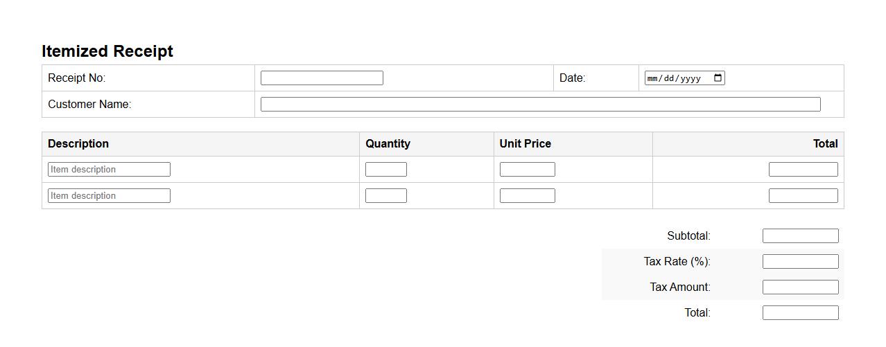 itemized receipt form template with tax breakdown image preview