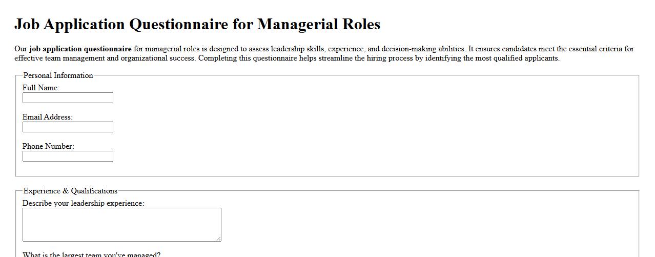 Job application questionnaire for managerial roles image preview