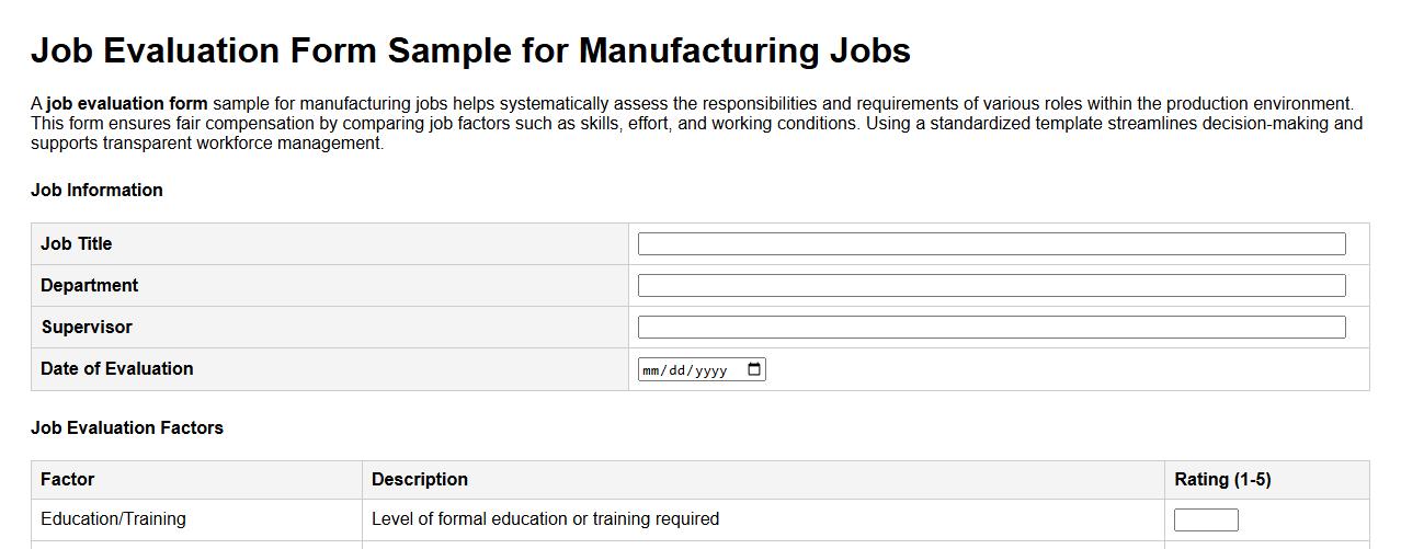 Job evaluation form sample for manufacturing jobs image preview