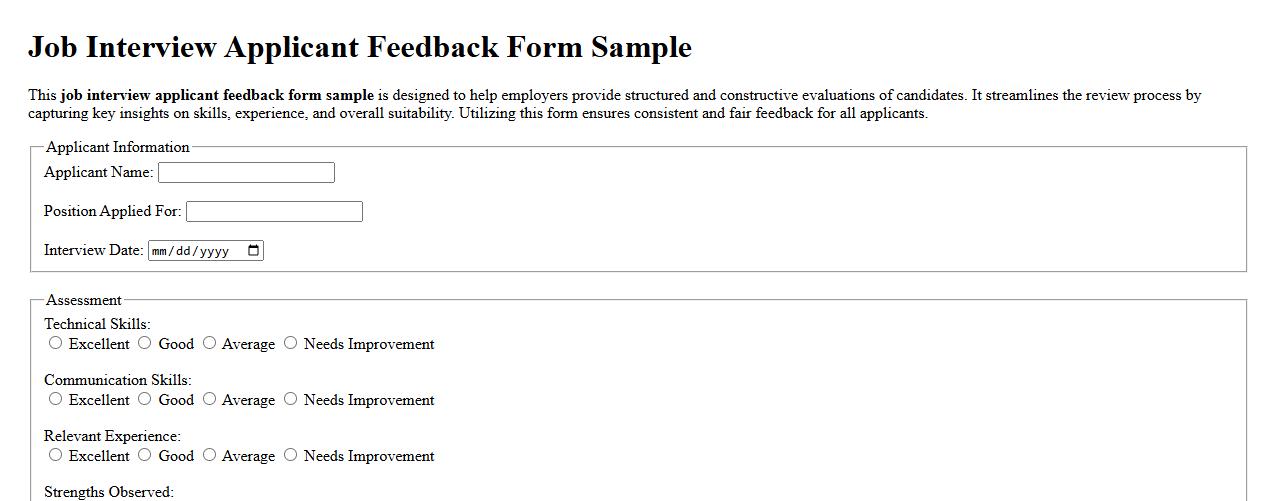 Job interview applicant feedback form sample image preview