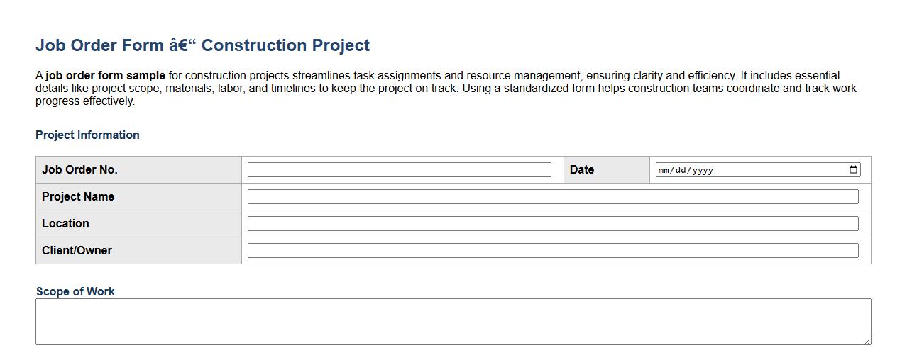 job order form sample for construction projects image preview