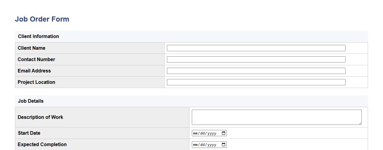 job order form sample with cost estimation section image preview