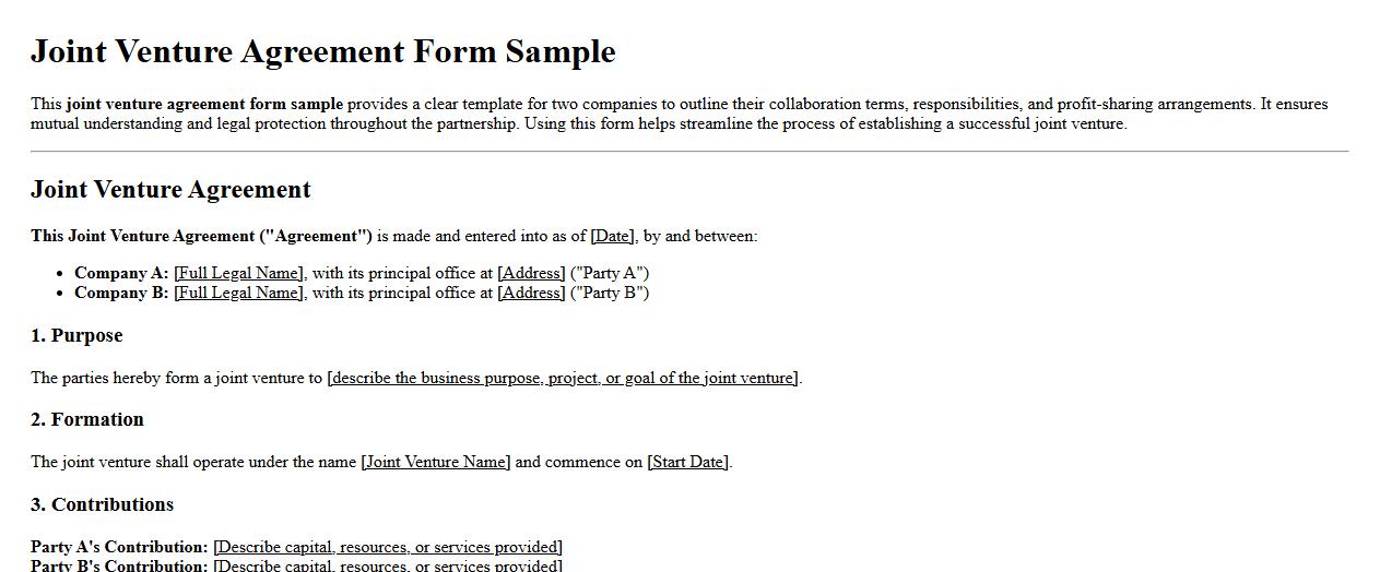 Joint venture agreement form sample between two companies image preview
