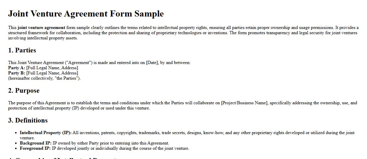 Joint venture agreement form sample covering intellectual property rights image preview