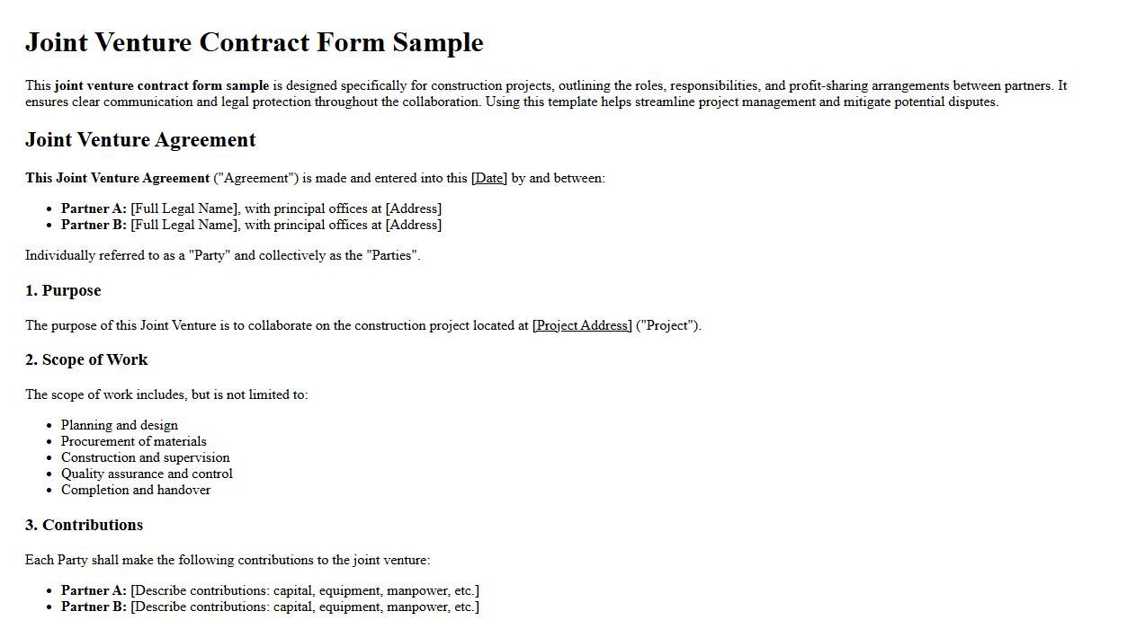 joint venture contract form sample for construction projects image preview