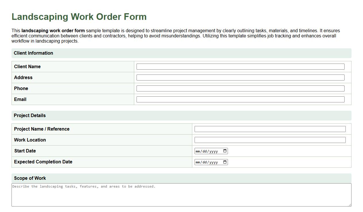 landscaping work order form sample template image preview