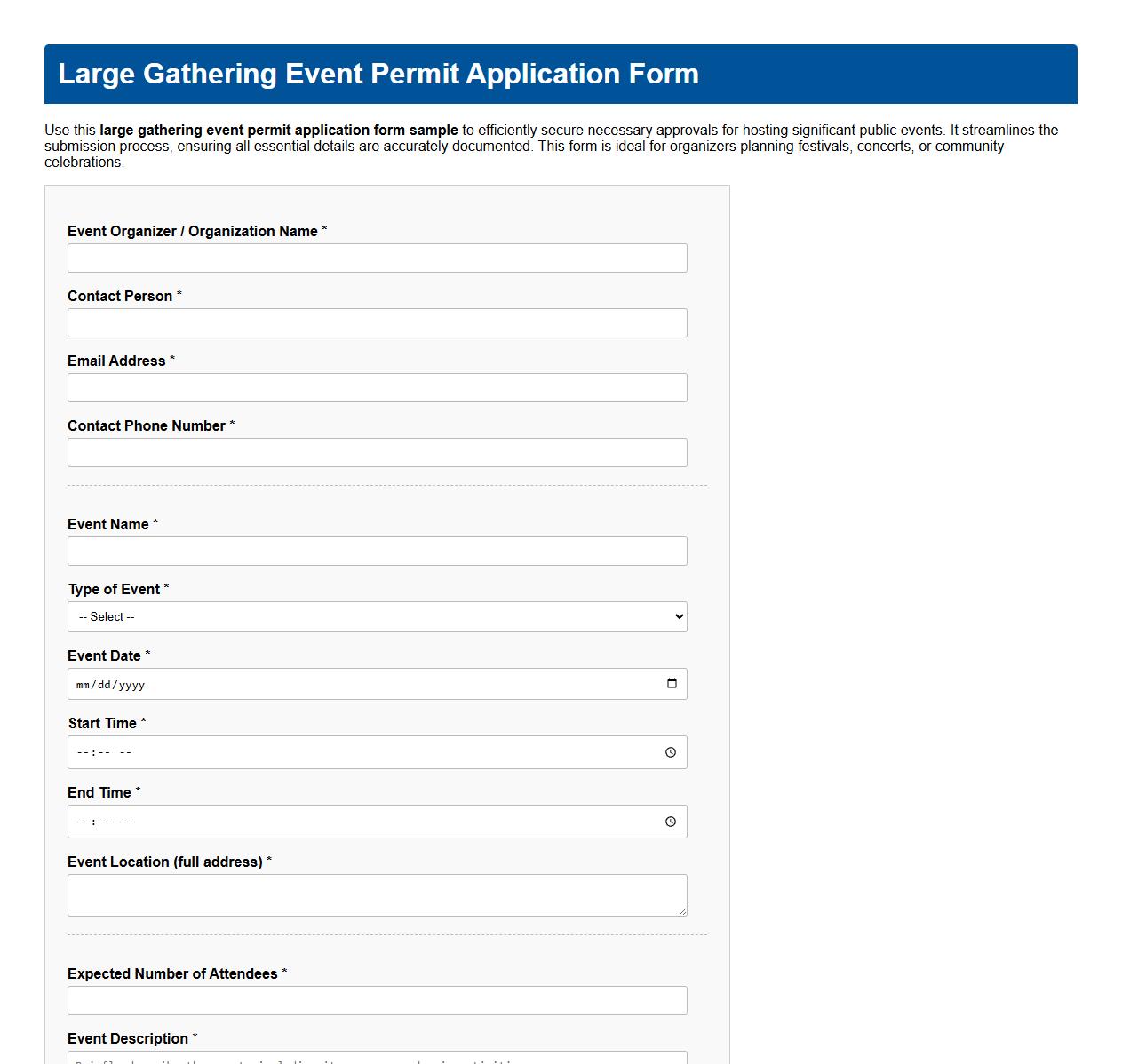 large gathering event permit application form sample image preview
