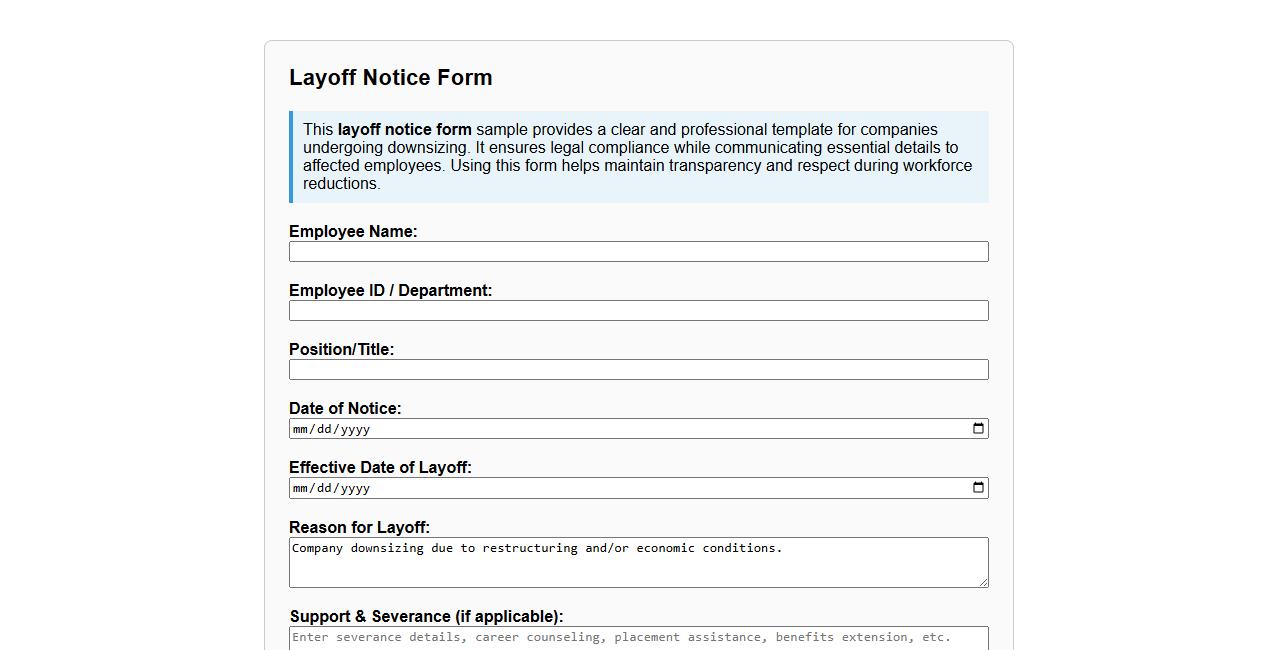 Layoff notice form sample for company downsizing image preview