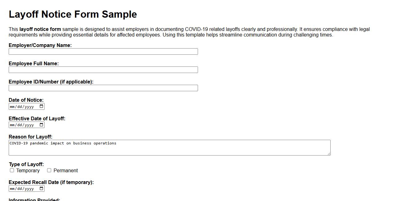 Layoff notice form sample for COVID-19 related layoffs image preview