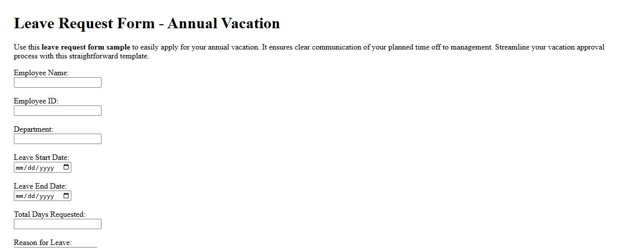 Leave request form sample for annual vacation image preview