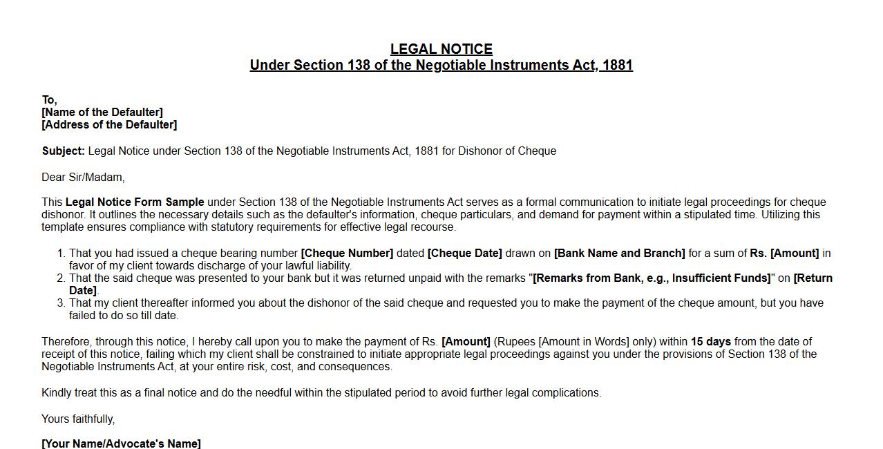 Legal notice form sample under section 138 of negotiable instruments act image preview