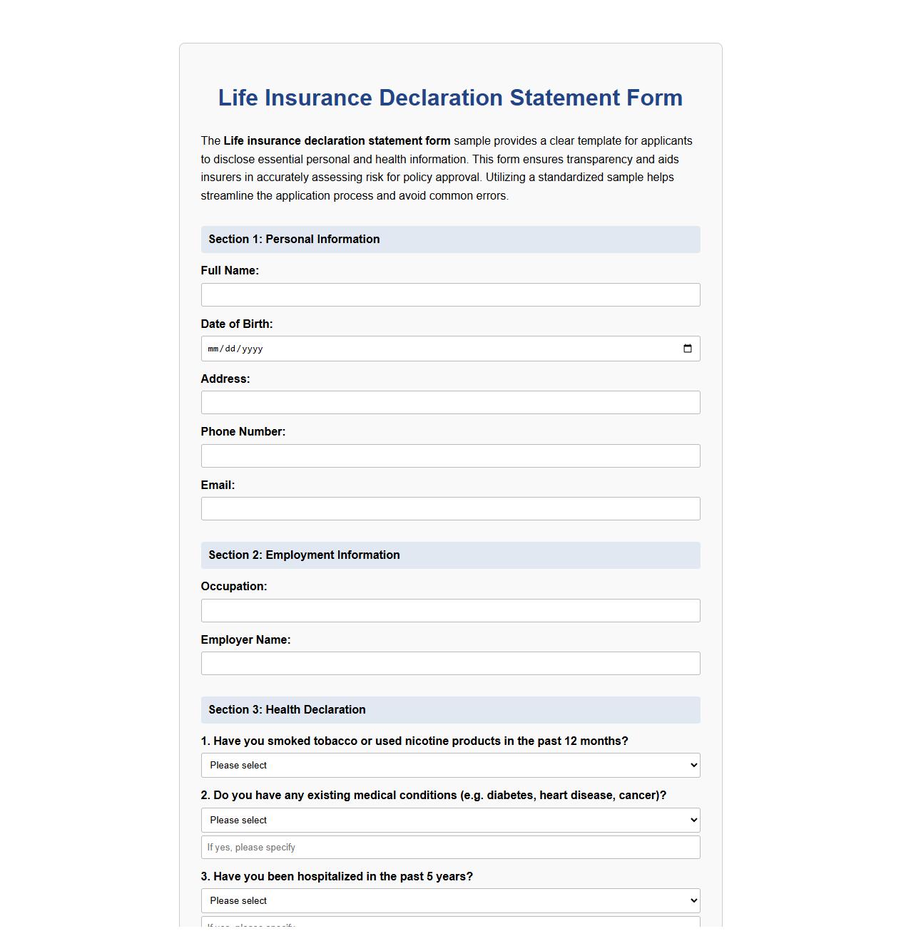 Life insurance declaration statement form sample image preview
