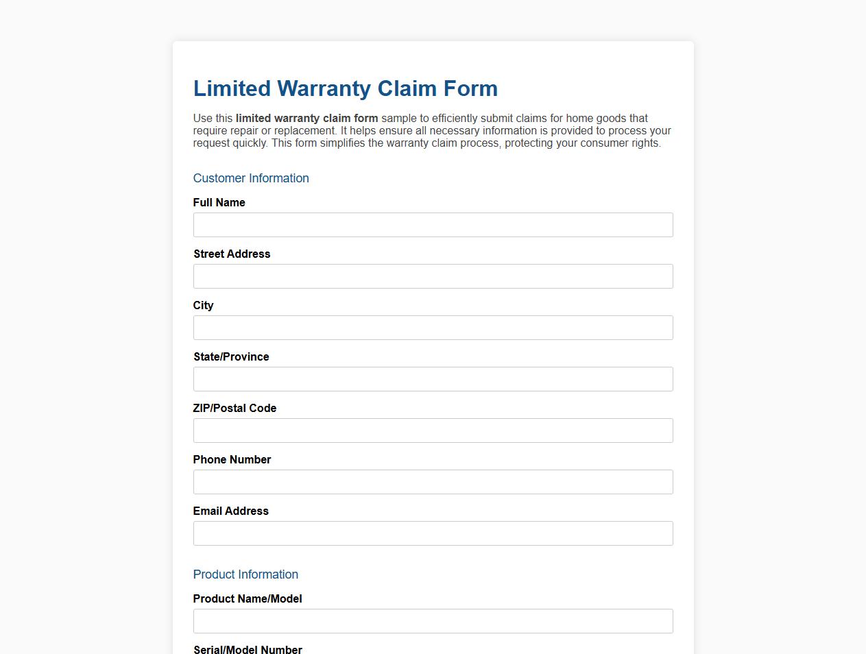 Limited warranty claim form sample for home goods image preview