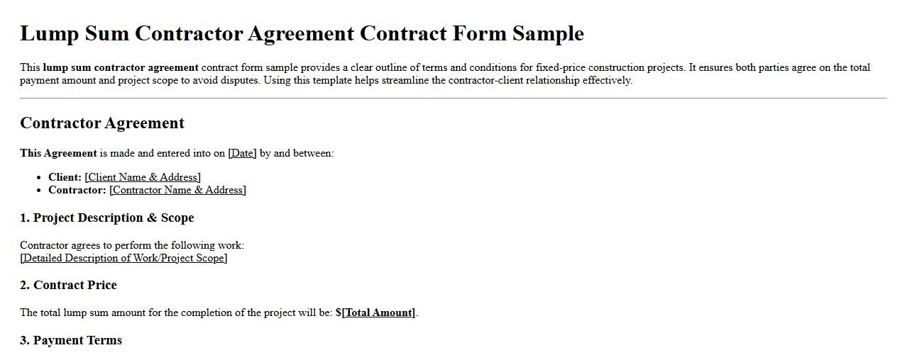 Lump sum contractor agreement contract form sample image preview
