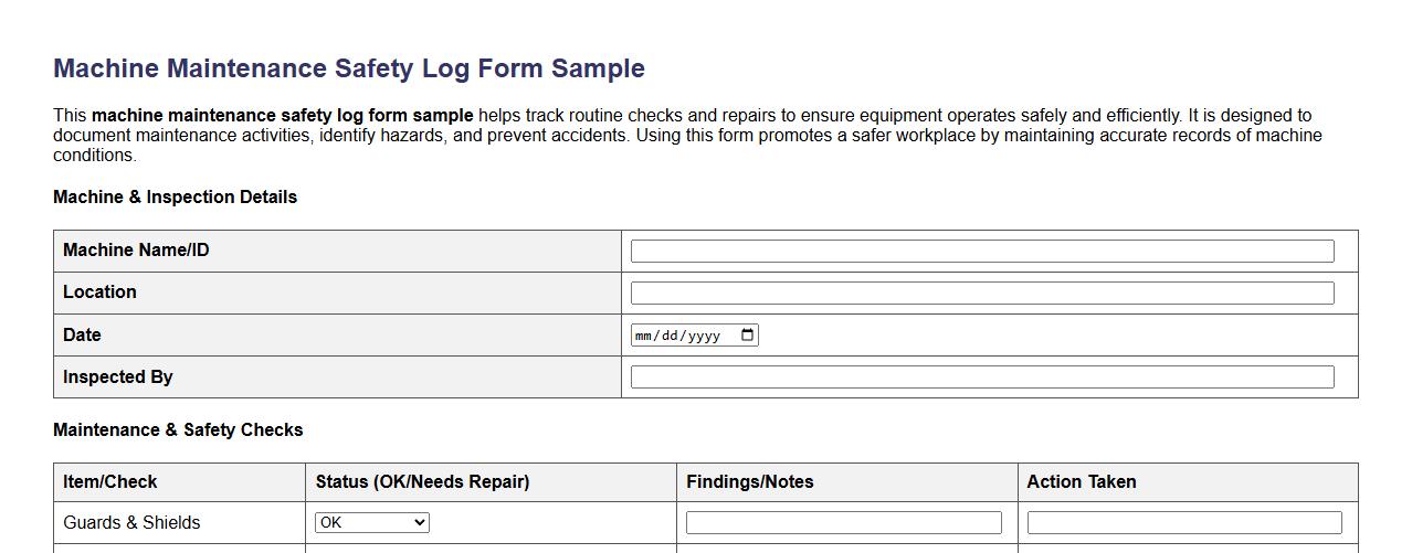 machine maintenance safety log form sample image preview